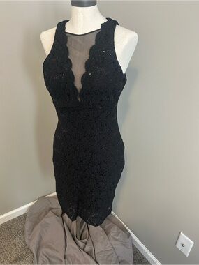 Black Lace Mesh Mini Dress with Scalloped Detail